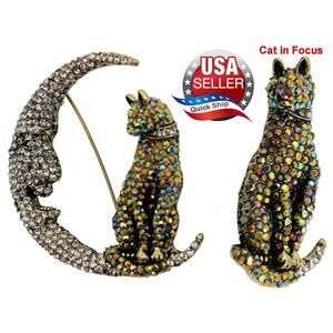 Man In The Moon & Cat Brooch Golden AB Pave Set Rhinestones set in Goldtone 2.5"